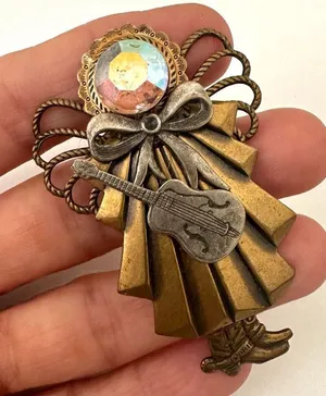 Vintage handmade angel with guitar and cowboy boots pin thumbnail 1