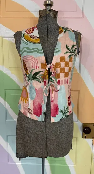 Paper Heart Linen Blend Tie Front Vest Pink Tropical Fruit Print Small thumbnail 1