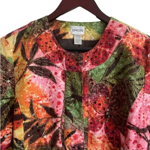 Chicos Women Boho Whimsical Floral Sequin Jacket‎ M Multicolor Artsy Botanical thumbnail 3
