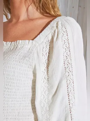 Max 100% Cotton Smocked Ivory Cream Eyelet Cottagecore Feminine Summer Top Med‎ thumbnail 2
