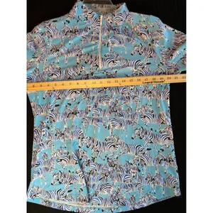 IBKUL Womens Zebra Print Quarter Zip Sun Shirt Blue White Short Sleeve Large thumbnail 4