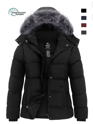 Women's Winter Puffer Jacket with Faux Fur Hood – Black, Size Large thumbnail 1