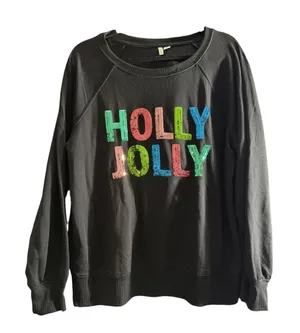 Cato Holly Jolly Sequin Christmas Sweatshirt Black Raglan Sleeve Large thumbnail 1