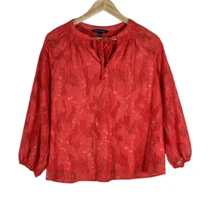 Zac & Rachel Peasant‎ Floral Jacquard Blouse Red Boho Smocked Metallic Size M thumbnail 2