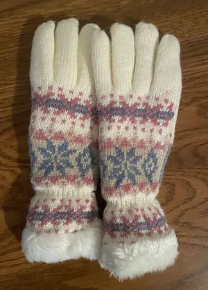 Women White Knitted Gloves With Pink and Blue Isle Pattern thumbnail 1