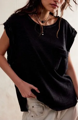 Free People We The Free Black Striped Cap Sleeve Oversized Boxy Our Time Tee Shirt thumbnail 1