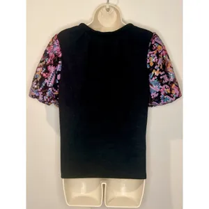 THML Black Knit Top with Purple Pink Sequin Puff Sleeves Size S Small EUC!! thumbnail 3