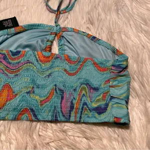 Wild Fable Women's Size XS Swirl Marble Halter Crop Top Aqua Blue Woven Smocked thumbnail 8