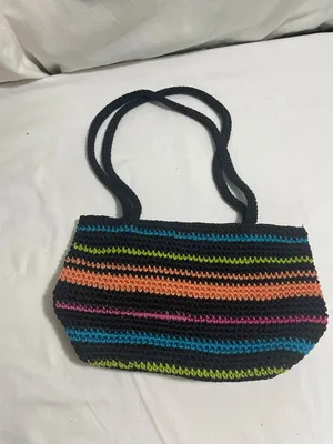 The Sak Crochet Knit Shoulder Bag Black Multicolor Striped Zip Boho Handbag thumbnail 2