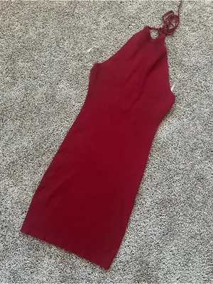 Shop Priceless Sleeveless Ribbed Halter Mini Dress in Deep Red thumbnail 1