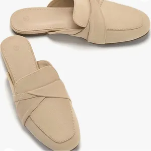 LAICIGO Suede Flat Mules Closed Square Toe Backless Loafers Beige Tan 9.5 thumbnail 1