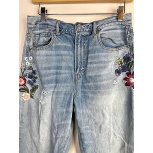 American Eagle Floral Embroidered Mom Jeans High Waist Frayed Hems 8 extra long thumbnail 2