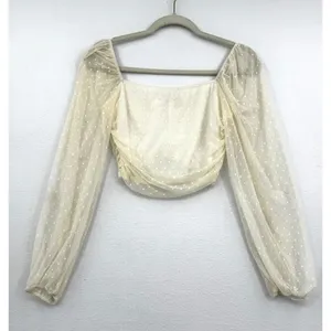 Blue Blush Coquette Crop Top Y2K Romantic Ivory Swiss Dot Mesh Beige Fairycore M thumbnail 2