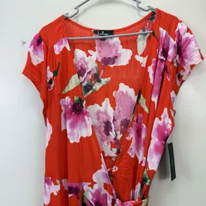 NWT Lulus Have Love Will Travel Coral Red Floral Gauze‎ Wrap Midi Dress Size XL thumbnail 5