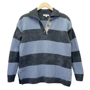 Madewell Rugby Stripe Polo Sweater Charcoal Gray & Blue Stripe Pullover Size XS thumbnail 10