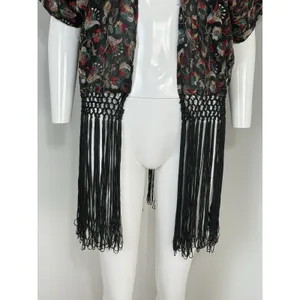 Forever 21 Women’s Sheer Kimono Cardigan Black Embroidered Fringe Boho Festival Size S thumbnail 6