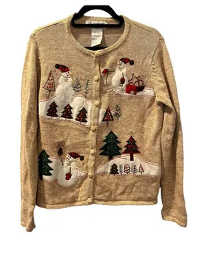 VTG Tiara International Christmas Sweater Cardigan L Tan Knit Snowman Tree Ugly thumbnail 1