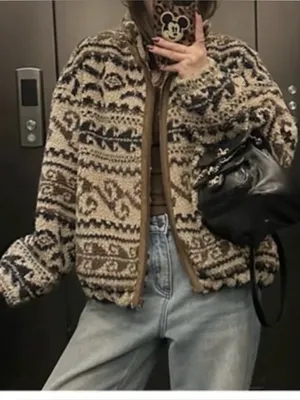 Cozy Patterned Sherpa Jacket in Brown & Cream Size M thumbnail 1