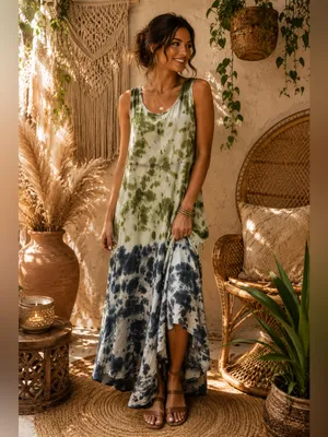 Myra Bag‎ Green and Dark Blue Tie-Dye Maxi Dress thumbnail 4