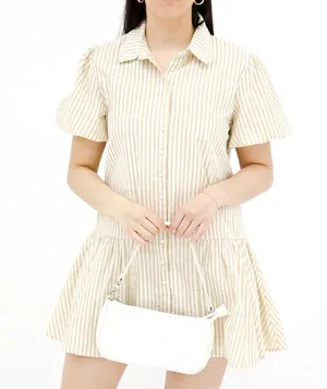 In the Beginning Tan and White Stripped Mini Cotton Dress Marissa Button Down thumbnail 1