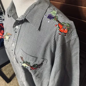 Mili Designs Vintage Gingham Fruit Embroidered Button Down Shirt Black White L thumbnail 2