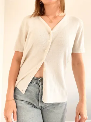 Vintage Express Cream Short-Sleeve Button Down Knit Top thumbnail 3