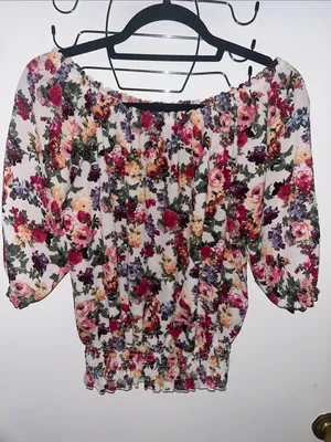 Floral Off-Shoulder Peasant Top - White with Pink & Green Floral Print Medium thumbnail 2
