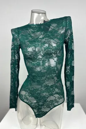 Forever 21 Green Lace Long Sleeve Bodysuit Size S thumbnail 1