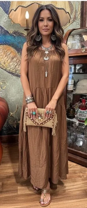 PRLA Boho Glam Tiered Maxi Dress Brown Halter Neck Sleeveless Medium NWT thumbnail 1