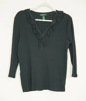 Lauren Ralph Lauren Size Large Black Ruffle V-Neck Ribbed Knit Top 3/4 Sleeve thumbnail 1