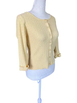 Women's yellow ribbed knit 3/4 sleeve button down top cuffed sleeves size M thumbnail 2
