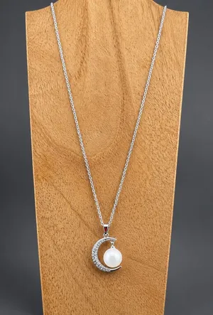 Silver Crescent Moon Pendant Necklace with Pearl Accent thumbnail 1