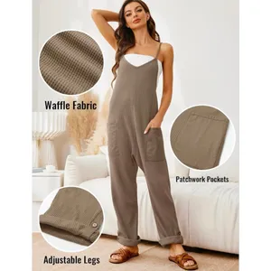 NEW Waffle Knit Jumpsuit Loose Spaghetti Strap Overalls XL thumbnail 5