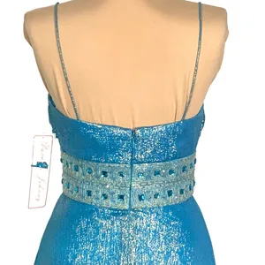 Dazzling Metallic Blue Silk Gown Flowy Prom 0 Hoco Glam Pageant Jeweled Hi-Low thumbnail 7