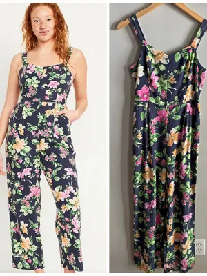 Old Navy Floral Linen Blend Jumpsuit Small Navy Wide Leg Smocked Back thumbnail 2
