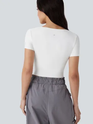 NWOT Halara White Square Neck Short Sleeve Ruched Cropped Top thumbnail 2