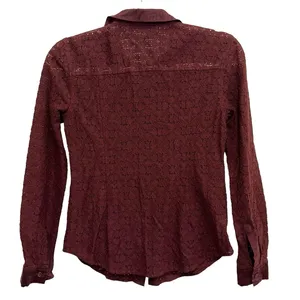 LOFT Burgundy‎ Lace Button Up Blouse XS Sheer Long Sleeve Feminine Top thumbnail 5