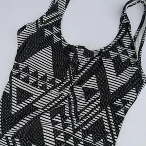 Aerie‎ One Piece Swimsuit S Black White Geometric Tribal Henley High Cut Cheeky thumbnail 6