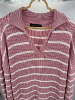 Merokeety Striped Pink sweater Maxi Dress v-neck Collared L side slits casual thumbnail 8