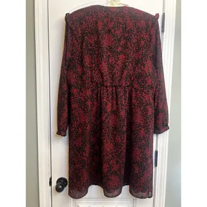 BeachLunchLounge XL Red Black Print Ruffle Long Sleeve Lined Chiffon Shift Dress thumbnail 14