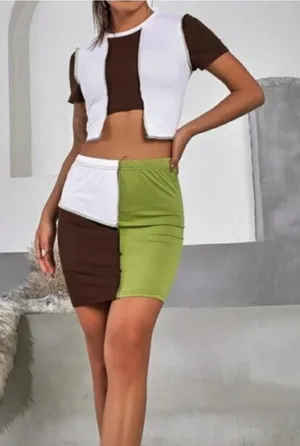 Y2k Cider Lime Green & Brown Colorblock Patchwork Skirt Set Medium Cute thumbnail 1