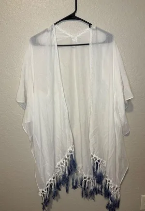 White Kimono Cover Up with Blue Ombre Tassels Beach Pool Resort Wear thumbnail 1