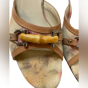 VANELI Tan/Beige Floral Canvas/Leather Slides Mules Heels Shoes - Size 8.5 Slim thumbnail 3