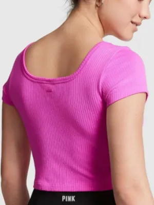 Victoria's Secret PINK Women's Sz XL Seamless Rib Short-Sleeve Crop Top Hot Pink thumbnail 2