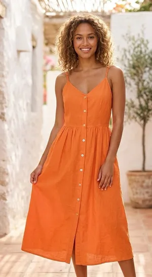 a new day Orange Button-Front Spaghetti Strap Midi Dress thumbnail 1