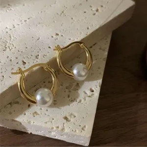 18K Gold Plated White Pearl Hoop Earrings for Women, Pearl Earrings thumbnail 1