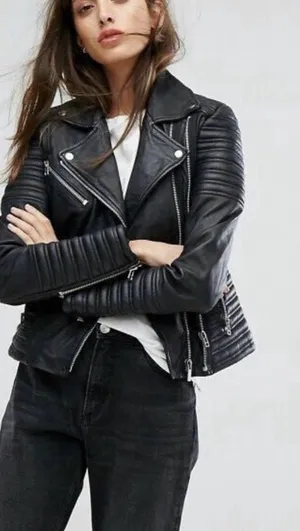 Classic Black Moto-Style Faux Leather Jacket - Women's Biker Coat thumbnail 1