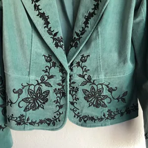 Turquoise Blue Green Velvet Jacket Embroidery Detail Size 6 western thumbnail 3