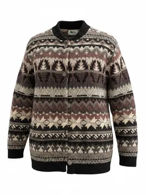 Vintage R.E.I. 100% Wool Fair Isle Knit Cardigan in Black, Brown & Cream thumbnail 2