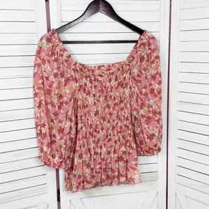 Nanette Lepore Cottagecore Floral Smocked Peplum‎ Puff Sleeve Blouse Pink Large thumbnail 8